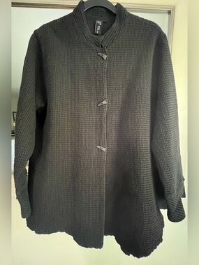 Focus Casual Life Waffle Knit 100% Cotton Button Jacket Black Size XL Lagenlook